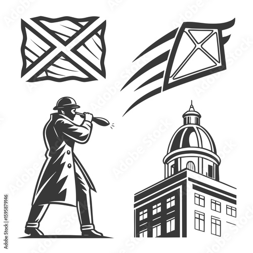 Vintage icons man blowing horn building kite black