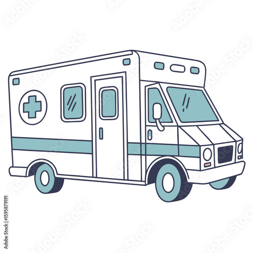 White ambulance with blue accents and medical cross