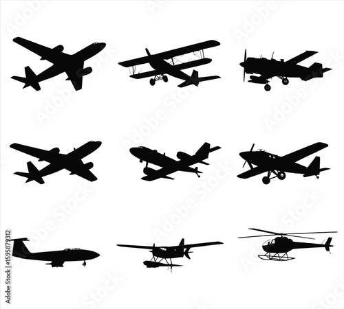 Diverse aircraft silhouettes including biplanes jets and helicopters airplane aviation
