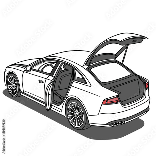 White luxury sedan with open doors and trunk white car