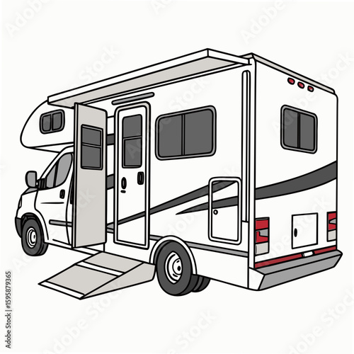 White R V with Open Door and Ramp recreational vehicle