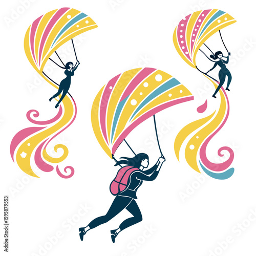 Women paragliding with colorful parachutes adventure