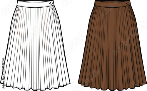 cad drawing flat vector illustration of women pleated midi skirt fashion technical sketch with waistband and flared hem design