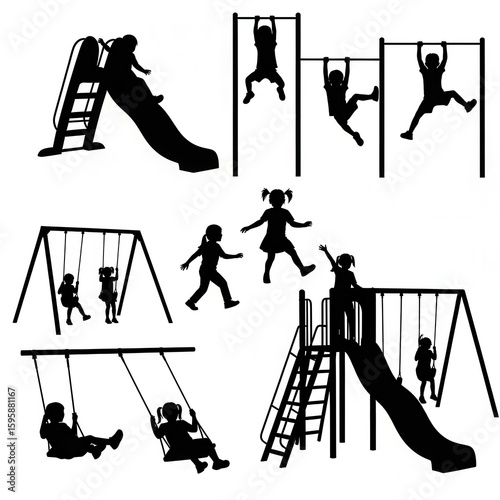 Children playing on playground equipment silhouettes on white