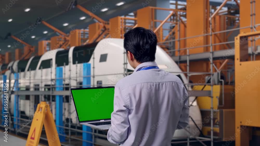 Back View Of An Asian Male Professional Worker Standing, Train Maintenance Engineers in a Depot, Typing On Laptop'S Keyboard With Green Screen And Look At The Factory Once