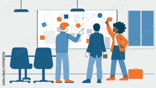 Three people collaborating on a whiteboard with notes and diagrams in an office setting together now