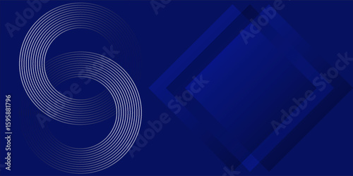 Futuristic abstract background featuring two interlocking circular patterns on the left and layered diamond shapes on the right, all in varying shades of deep blue. Perfect for technology