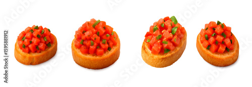 Mini tomato bruschetta canapes with diced tomatoes and fresh basil on toasted baguette slices, isolated set on white background for Italian snack or appetizer concept