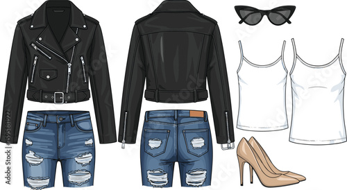 cad drawing flat vector illustration of women’s biker jacket ripped denim shorts camisole heels sunglasses trendy streetwear outfit fashion