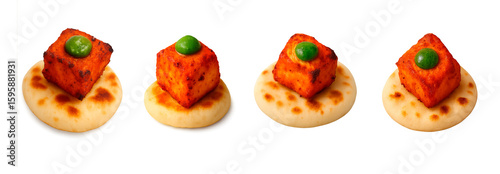 Mini chicken tikka canapes with spicy grilled cubes on naan bread topped with green chutney ball, isolated set on white background for catering or party food themes