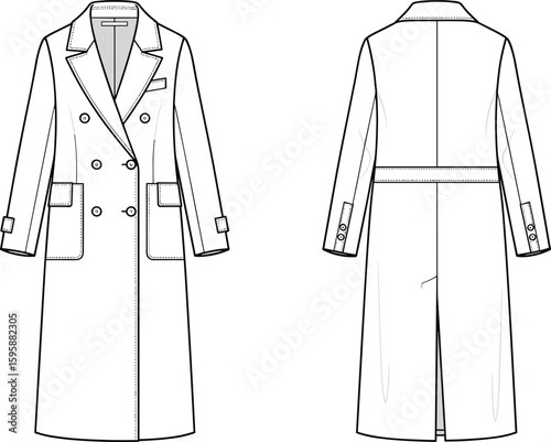 cad drawing flat vector illustration of women’s double breasted trench coat with notch collar, patch pockets, sleeve straps and back belt