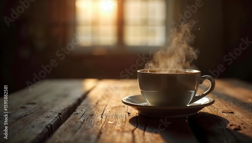 Rustic Wooden Table with Hot Coffee Cup in Sunlit Room