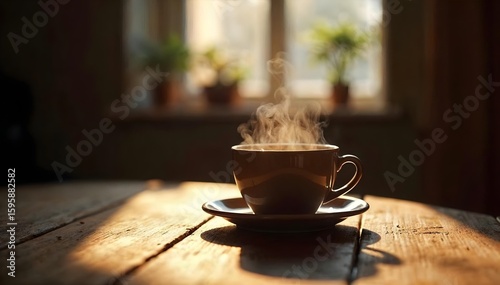 Steaming Hot Tea Cup in Sunlit Room with Plants