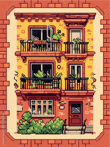 Pixelated apartment building with balconies and plants in retro style digital art design vector illustration