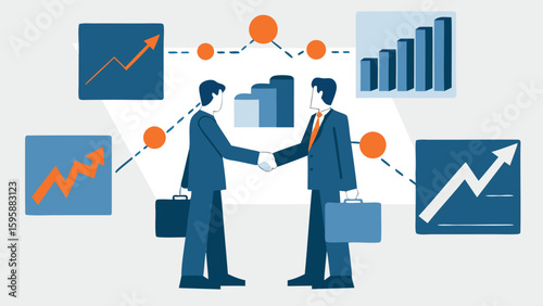 Business handshake with growth charts and network connecting them in a visual representation of partnership