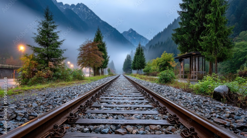 Obraz premium Misty mountain railway track