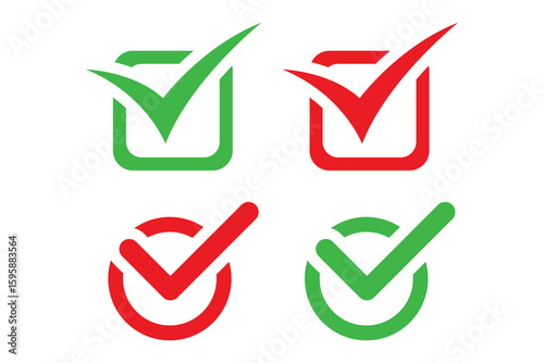 Green check mark, red cross mark icon set. Isolated tick symbols, checklist signs, approval badge. Vector illustration. 