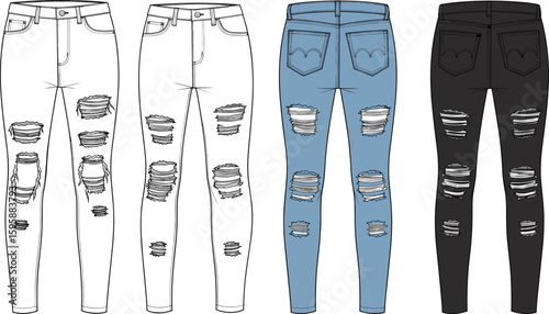 cad drawing flat vector illustration skinny ripped jeans front back view, distressed denim, fashion technical sketch, women’s pants design