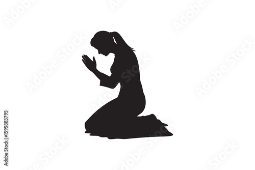 Silhouette of a woman kneeling in prayer with hands clasped together head bowed representing faith spirituality hope and devotion on a clean white background Art & Illustration