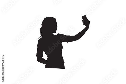 Silhouette of a young woman taking a selfie with her smartphone against a white background capturing a modern moment of self expression and digital connection Art & Illustration