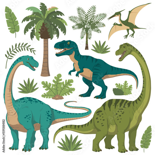 Dinosaur vector illustration featuring trex brontosaurus pterodactyl and tropical plants for prehistoric design 100