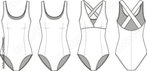 cad drawing flat vector illustration women bodysuit technical fashion sketch one piece swimsuit with criss cross back design template