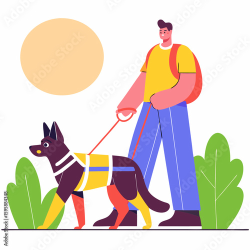 Man walking guide dog in park in colorful flat illustration