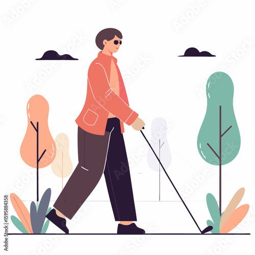 Blind man walking with white cane in minimalist illustration