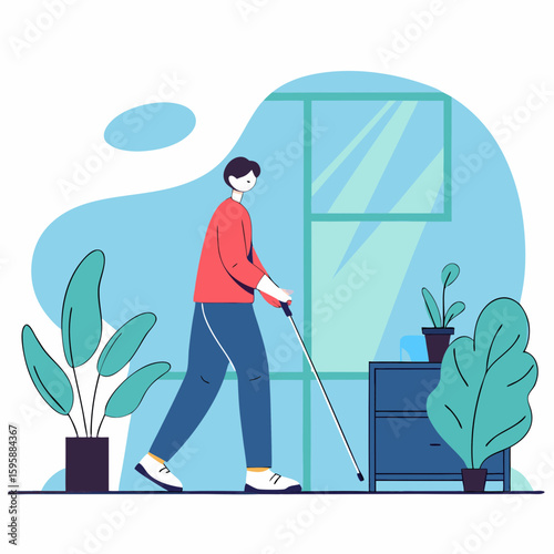 Blind man walking with cane at home in flat illustration