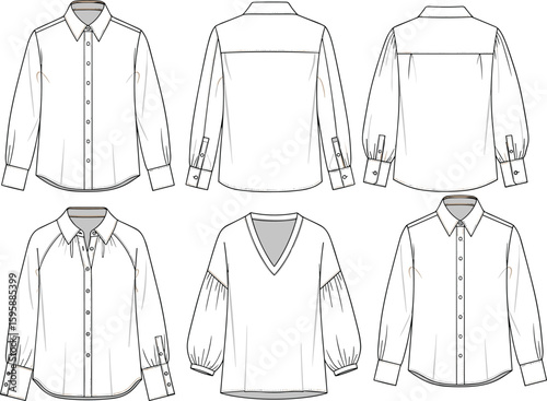 cad drawing flat vector illustration women shirt blouse technical fashion sketch with long sleeve button front and v-neck top