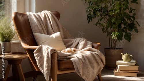 Cozy Mid-Century Modern Interior with Leather Armchair, Greenery, and Natural Light