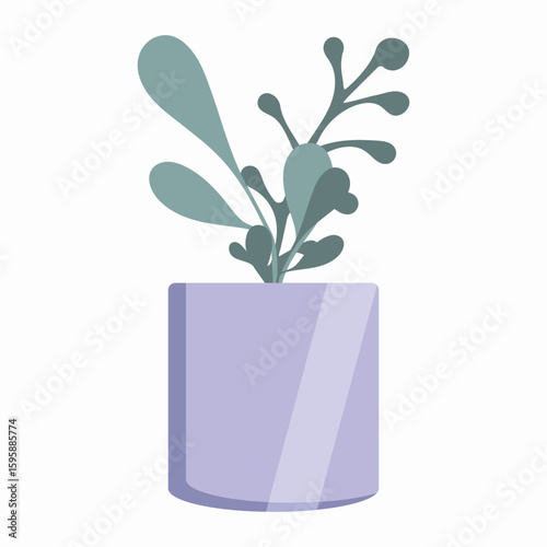 Vector illustration of a green houseplant, flower, in a purple pot on a white background.
