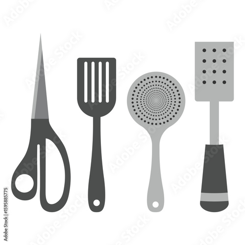 Vector illustration of a set of kitchen utensils, scissors, ladle, kitchen spatula in a flat style.
