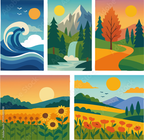 A collection of five colorful stylized landscape illustrations depicting various natural scenes and seasons.
