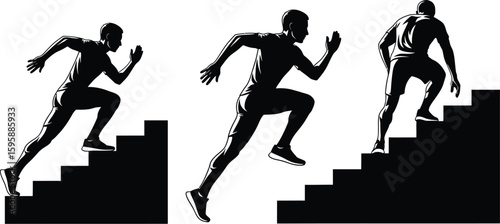 Vector art of silhouettes of men running up stairs, symbolizing exercise, fitness, and the challenge of achieving goals
