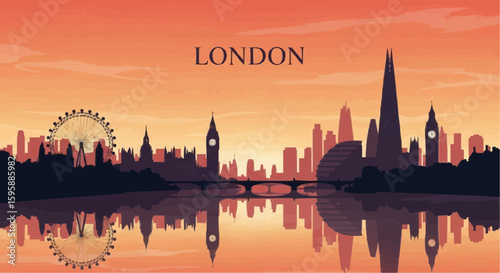 London skyline silhouette with reflection. Landscape London, UK. Vector illustration. stock