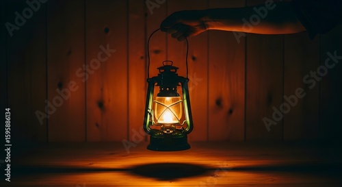 A hand holding a lantern in a dimly lit room with wooden walls
