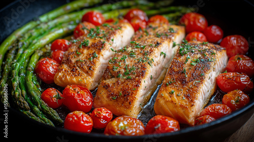 Gourmet pan-seared salmon served in a skillet with roasted asparagus and cherry tomatoes, enhanced with fresh herbs, for a delicious and healthy culinary display.
