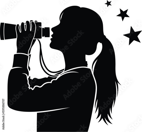Vector art of a silhouette of a woman looking through binoculars at stars, symbolizing vision and exploration