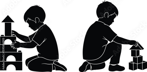 Vector art of silhouettes of children playing with building blocks, stacking them creatively