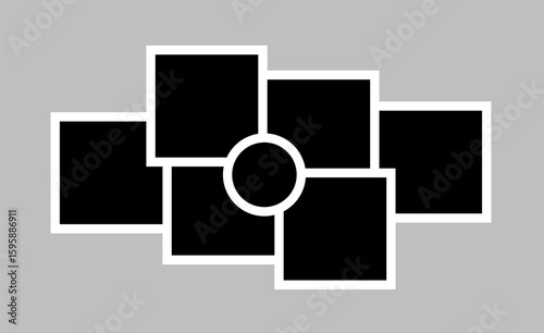 Abstract photo frame collage vector with 6 black rectangles and a central circle outlined in white on gray background, offering a modern geometric layout for stylish image presentation.