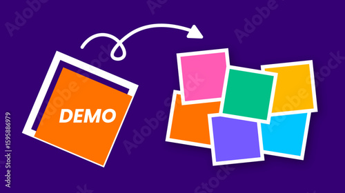 Abstract photo frame collage design with tilted DEMO square and arrow pointing to colorful blocks on a purple background, symbolizing transition, creativity, and conceptual layout progression.
