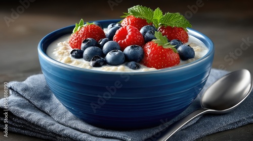 Oatmeal with berries in blue bowl