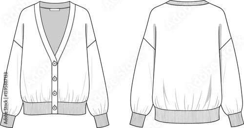 CAD drawing flat vector illustration, women’s button-up cardigan sweater front back view, fashion garment sketch, knitwear technical design