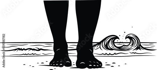 Vector art of a silhouette of feet are standing a beach with waves