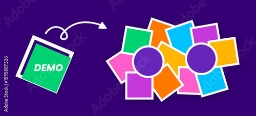 Abstract photo frame collage design with tilted DEMO square and arrow pointing to colorful blocks on a purple background, symbolizing transition, creativity, and conceptual layout progression.