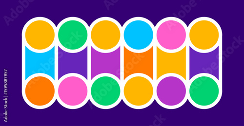 Modern abstract photo frame collage design featuring alternating colorful circles and rectangles outlined in white on a purple background, perfect for creative collage, layout template, or decorative.