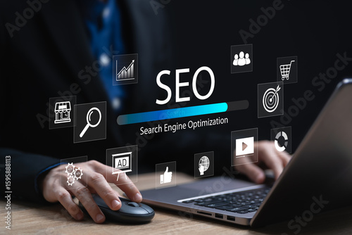 SEO, Search Engine Optimization Concept, Businesswoman summarize the important topics of the SEO tool digital marketing Optimizing your website, Financial development, Content, AD, Shopping online