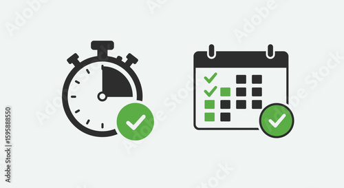 Time Management Icons - Stopwatch and Calendar with Checkmarks