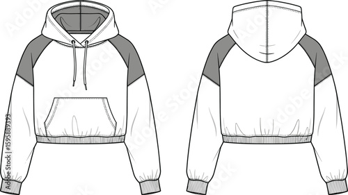 Cropped hoodie design, color block sweatshirt, drawstring hood, kangaroo pocket, flat sketch, cad drawing, vector fashion illustration